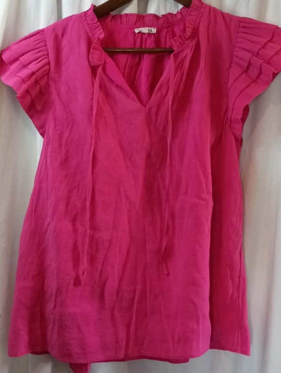 JODIFL Tops - JODIFL Large Hot Pink Pleated Sleeve V-Neck Tie Shirt Flowy Summer Boho Casual